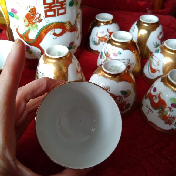 Vintage Chinese porcelain 6 x tea cups bowls set dragon phoenix double happiness - Picture 10 of 11